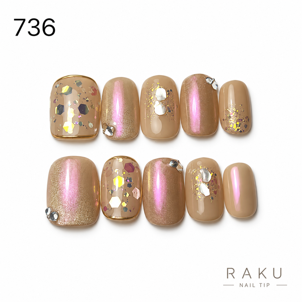 736 ネイルチップ ピンクベージュ マグネット ラメ ビジュー スクエア ショート 上品 10枚セット RAKU