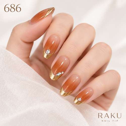 686 ネイルチップ ブラウングラデーション ゴールドフレンチ ビジュー 結婚式 パーティー オーバル ミディアム RAKU