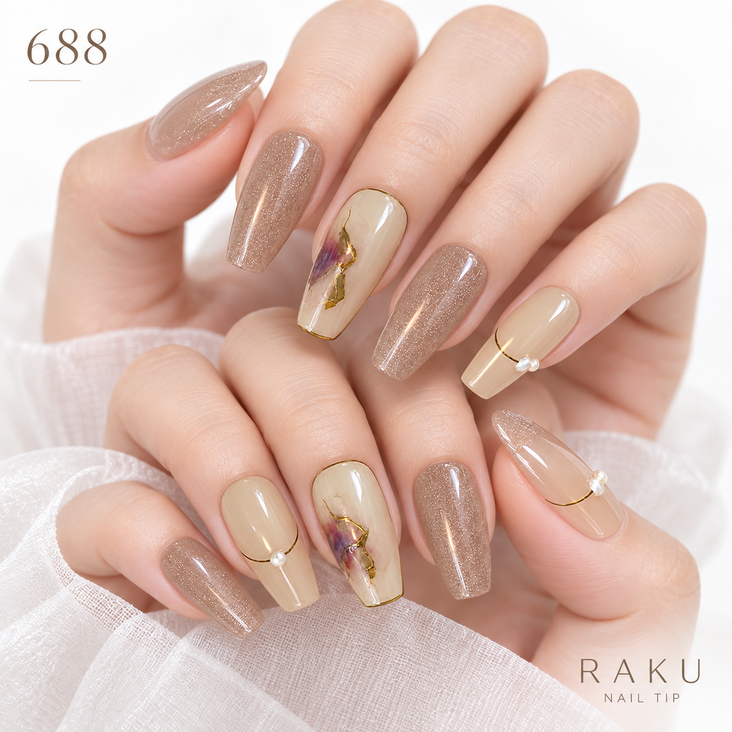 688 ネイルチップ シャンパンラメ ニュアンス ゴールド パール 結婚式 パーティー コフィン ロング RAKU