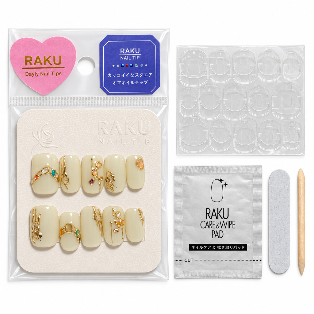 729 ネイルチップ アイボリーベージュ ゴールドライン ニュアンス スクエアオフ ミディアム 上品 10枚セット RAKU