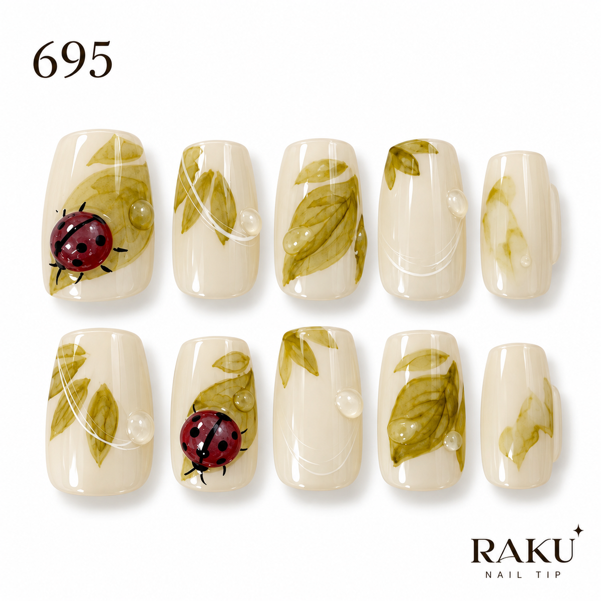 695 ネイルチップ リーフ てんとう虫 ボタニカル ナチュラル 春夏 お出かけ コフィン ミディアム RAKU