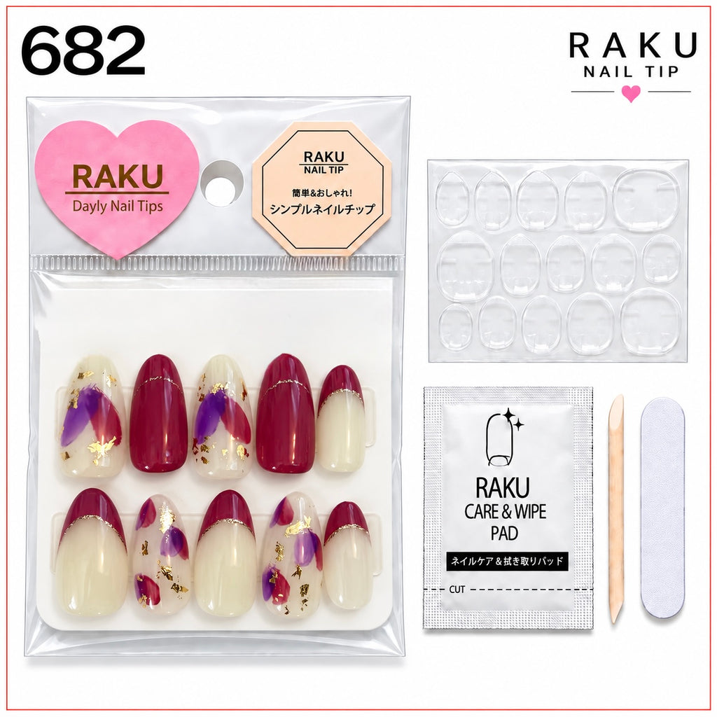 682 ネイルチップ ボルドーフレンチ パープルフラワー 金箔 秋冬 デート お呼ばれ オーバル ミディアム RAKU