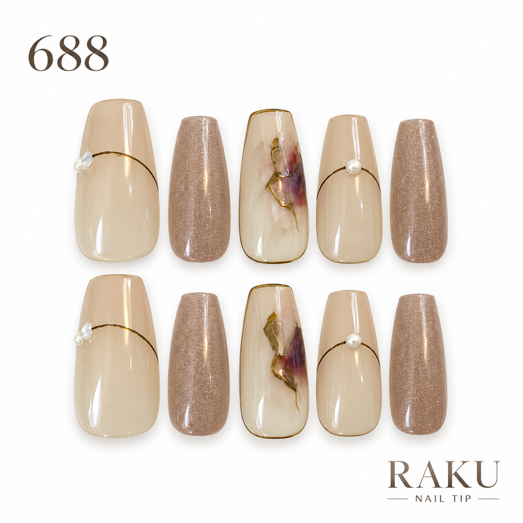 688 ネイルチップ シャンパンラメ ニュアンス ゴールド パール 結婚式 パーティー コフィン ロング RAKU