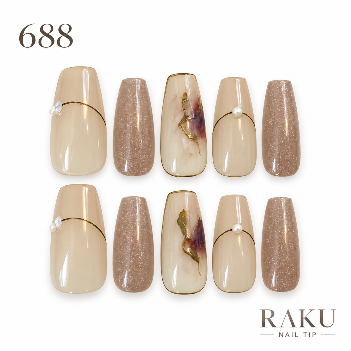 688 ネイルチップ シャンパンラメ ニュアンス ゴールド パール 結婚式 パーティー コフィン ロング RAKU