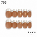 763 ネイルチップ ブラウン パールホワイトフレンチ スクエアオフ ショート RAKU