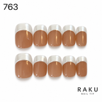 763 ネイルチップ ブラウン パールホワイトフレンチ スクエアオフ ショート RAKU