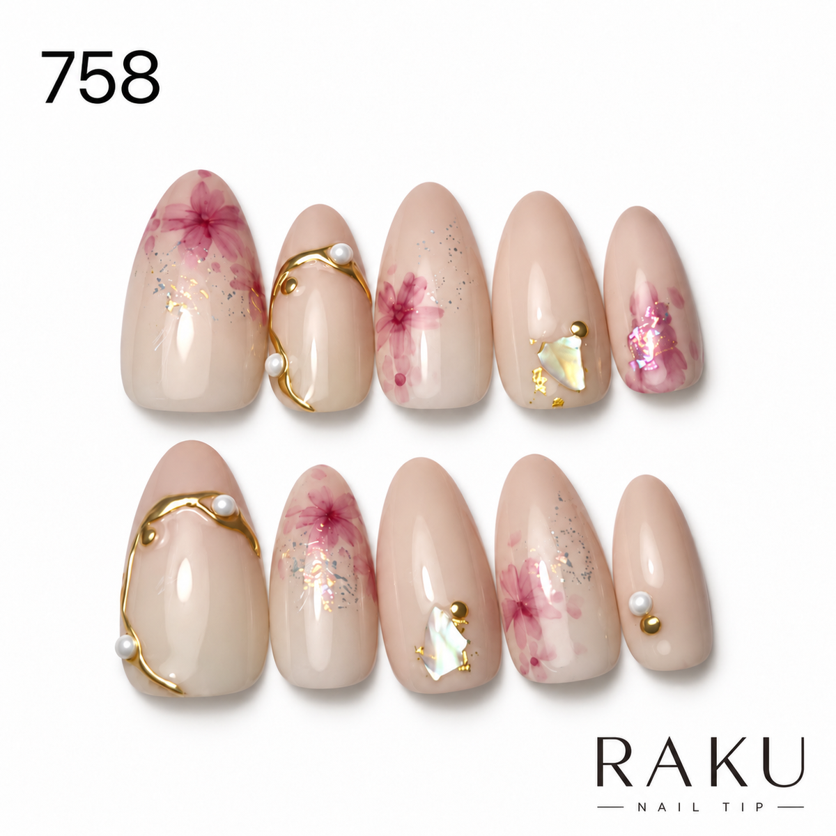 758 ネイルチップ ヌードベージュ ピンクフラワー パール ゴールド オーバル ミディアム RAKU