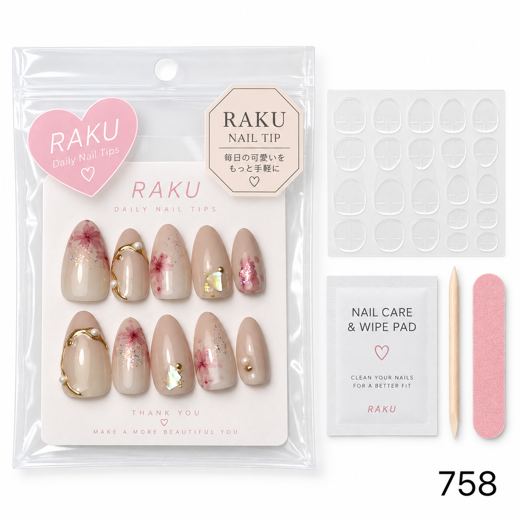 758 ネイルチップ ヌードベージュ ピンクフラワー パール ゴールド オーバル ミディアム RAKU
