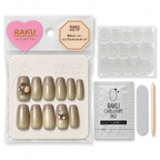 731 ネイルチップ グレージュ ゴールドラメフレンチ ビジュー コフィン ミディアム 上品 10枚セット RAKU
