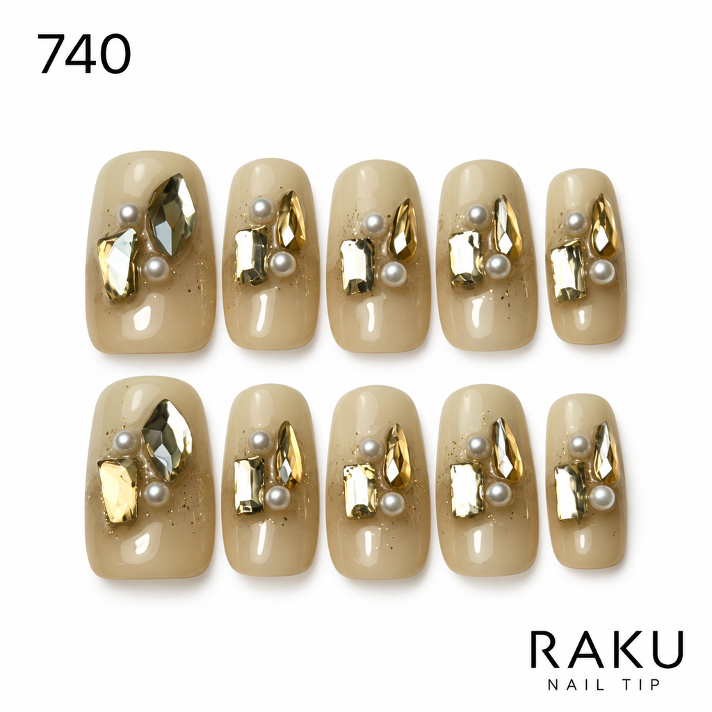 740 ネイルチップ オリーブベージュ ゴールドビジュー パール コフィン ミディアム 上品 10枚セット RAKU