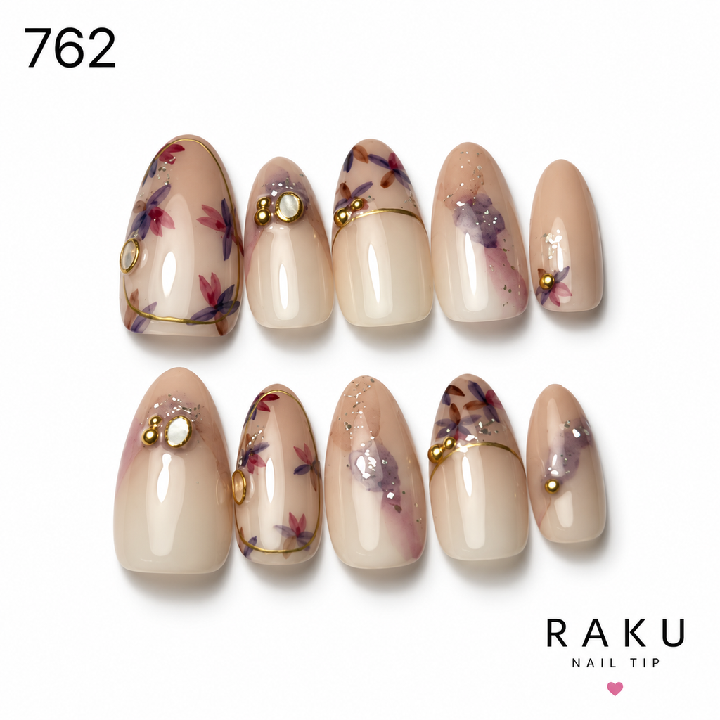 762 ネイルチップ フラワー ゴールドライン パール コフィン ミディアム 上品 RAKU