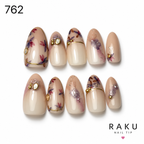 762 ネイルチップ フラワー ゴールドライン パール コフィン ミディアム 上品 RAKU