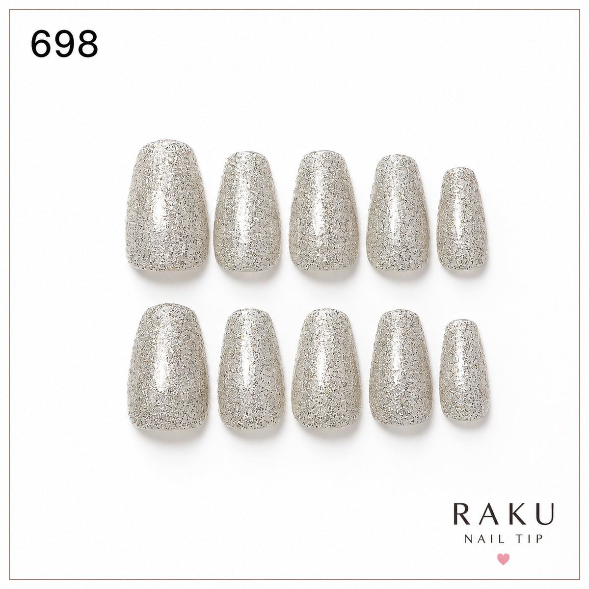 698 ネイルチップ シルバーラメ ミディアム コフィン ナチュラル 上品 キラキラ 華やか パーティー 結婚式  10枚セット RAKU