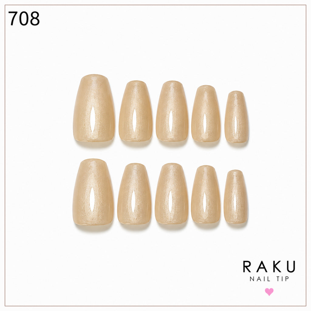 708 ネイルチップ ゴールドベージュ 微粒子ラメ コフィン ミディアム 上品 華やか 大人可愛い パーティー  10枚セット RAKU