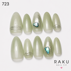 723 ネイルチップ カーキグリーン アーモンド ミディアム ラメ シェル 上品 大人可愛い 10枚セット RAKU