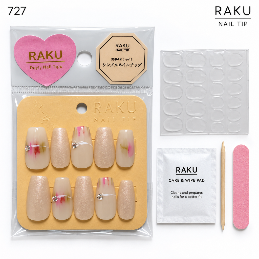 727 ネイルチップ ベージュニュアンス コフィン ミディアム ラメ ストーン 上品 大人可愛い 10枚セット RAKU