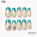 728 ネイルチップ ターコイズフレンチ ベージュ ビジュー コフィン ミディアム 上品 10枚セット RAKU