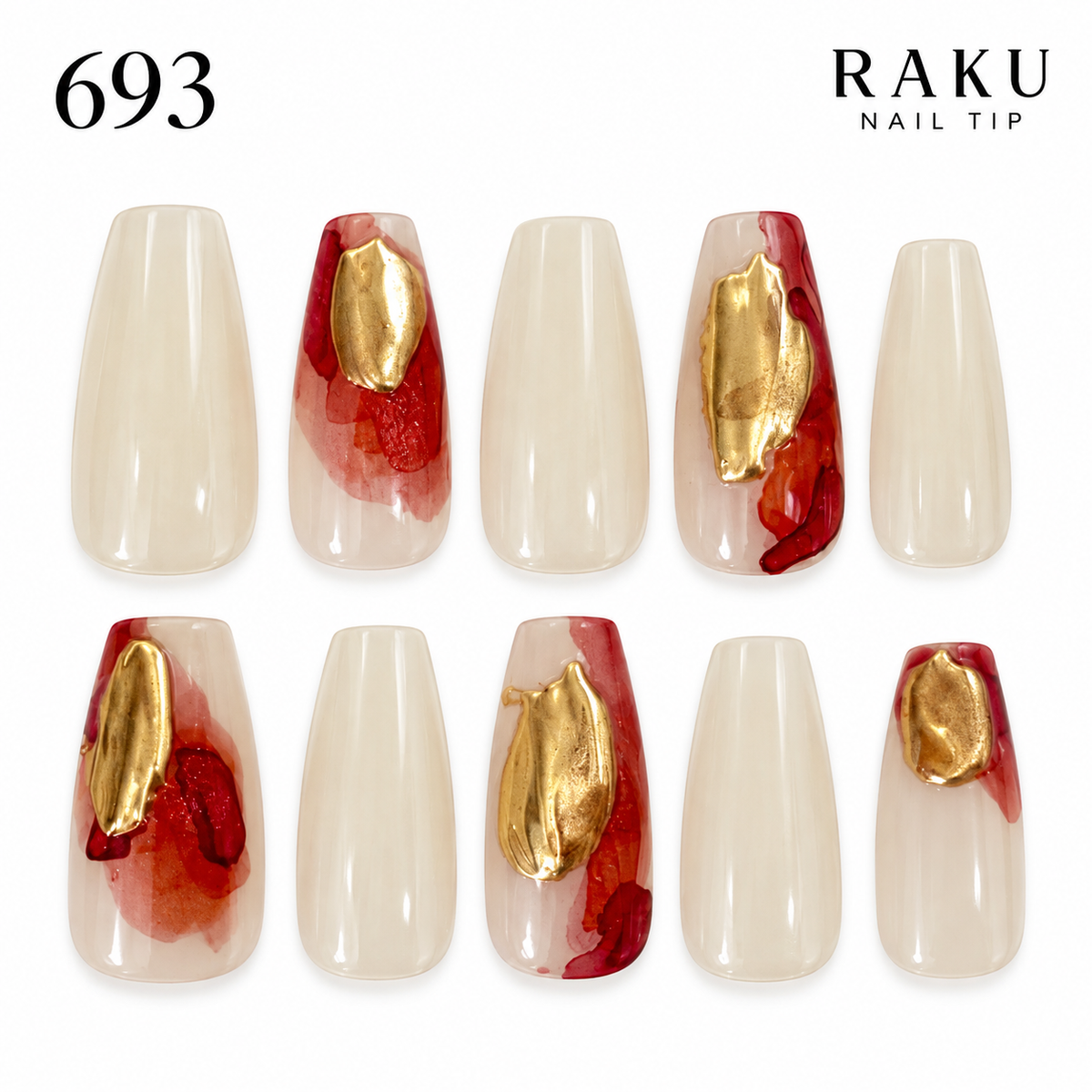 693 ネイルチップ ヌードマーブル ローズゴールド 曲線ライン 上品 結婚式 パーティー コフィン ロング RAKU