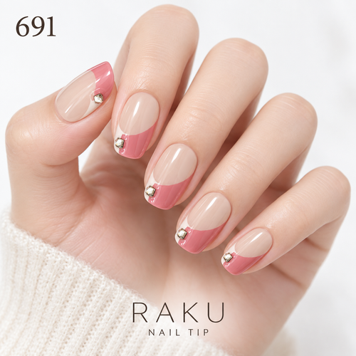 691 ネイルチップ くすみピンク 曲線フレンチ スクエアストーン デート オフィス コフィン ミディアム RAKU