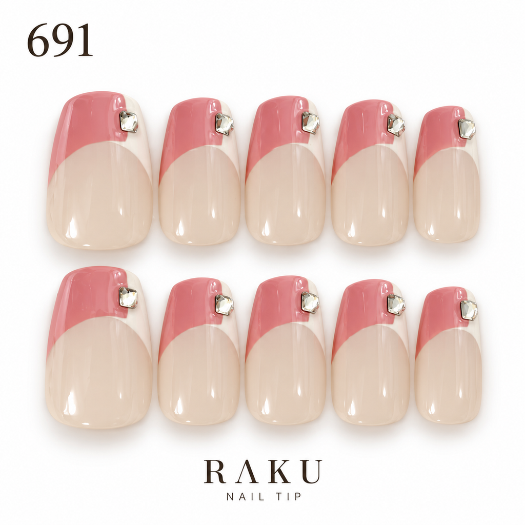691 ネイルチップ くすみピンク 曲線フレンチ スクエアストーン デート オフィス コフィン ミディアム RAKU