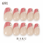 691 ネイルチップ くすみピンク 曲線フレンチ スクエアストーン デート オフィス コフィン ミディアム RAKU