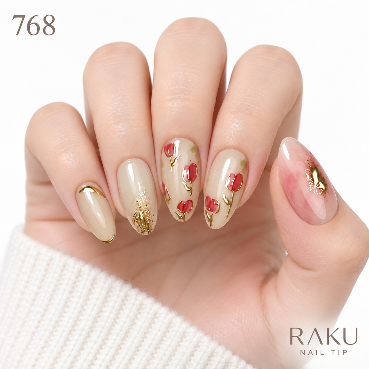 768 ネイルチップ ベージュ レッドフラワー ゴールド オーバル ミディアム 上品 RAKU