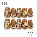 696 ネイルチップ ブラウン 大粒ビジュー パール ゴールド 豪華 結婚式 パーティー コフィン ショート RAKU