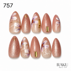 757 ネイルチップ ピンクベージュ フラワー ラメ ゴールド アーモンド ミディアム RAKU
