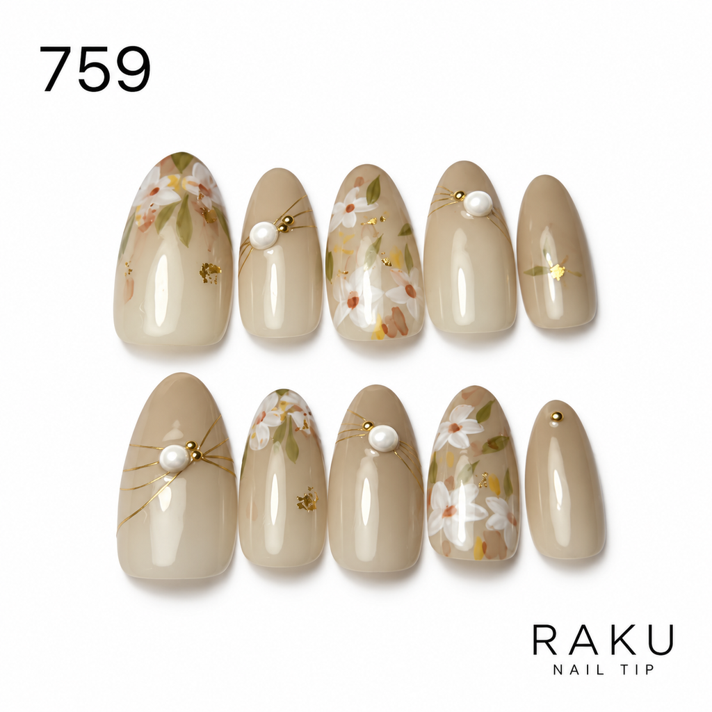 759 ネイルチップ ベージュフラワー パール ゴールド オーバル ミディアム 上品 RAKU