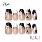 764 ネイルチップ ブラックスター ピンクベージュ ビジュー コフィン ミディアム RAKU