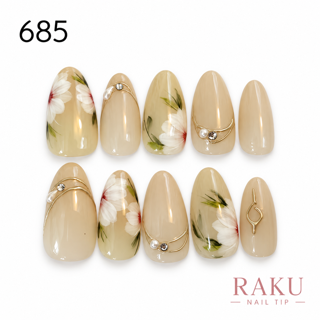 685 ネイルチップ アイボリーフラワー パール 清楚 オフィス ブライダル お呼ばれ オーバル ミディアム RAKU