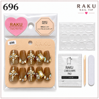 696 ネイルチップ ブラウン 大粒ビジュー パール ゴールド 豪華 結婚式 パーティー コフィン ショート RAKU