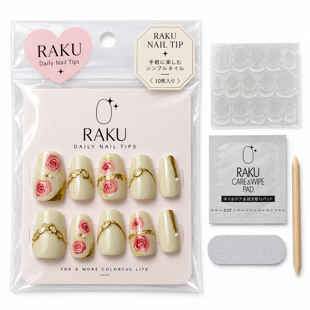 746 ネイルチップ アイボリー ローズ ゴールド パール コフィン ミディアム デイリー オフィス お出かけ 10枚セット RAKU