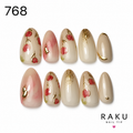 768 ネイルチップ ベージュ レッドフラワー ゴールド オーバル ミディアム 上品 RAKU