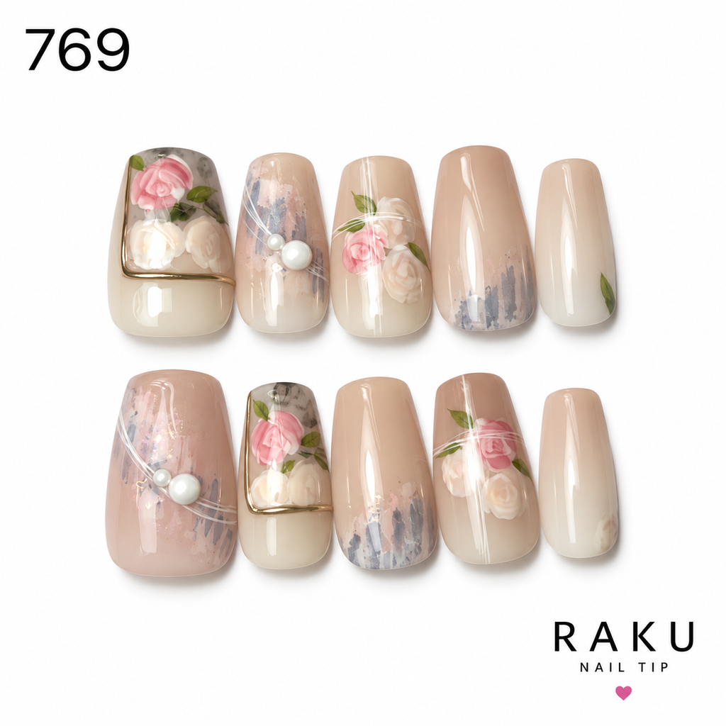 769 ネイルチップ ベージュ ローズフラワー パール コフィン ミディアム 上品 RAKU