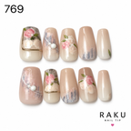 769 ネイルチップ ベージュ ローズフラワー パール コフィン ミディアム 上品 RAKU