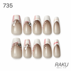 735 ネイルチップ ヌードベージュ ピンク 蝶々 ビジュー コフィン ロング 上品 10枚セット RAKU