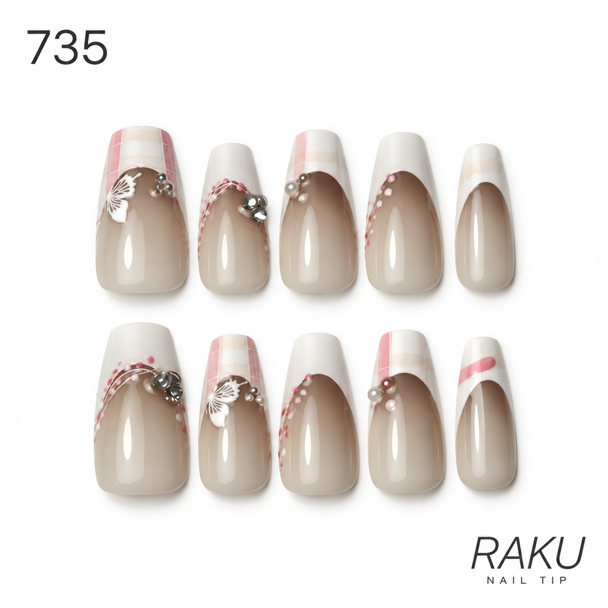 735 ネイルチップ ヌードベージュ ピンク 蝶々 ビジュー コフィン ロング 上品 10枚セット RAKU