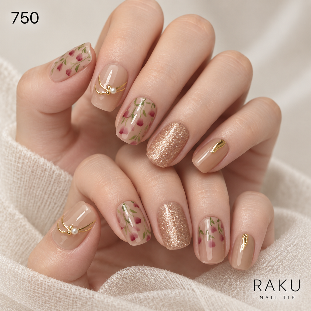 750 ネイルチップ ベージュ 小花 ラメ ゴールド スクエアオフ ショート デイリー オフィス お出かけ 10枚セット RAKU