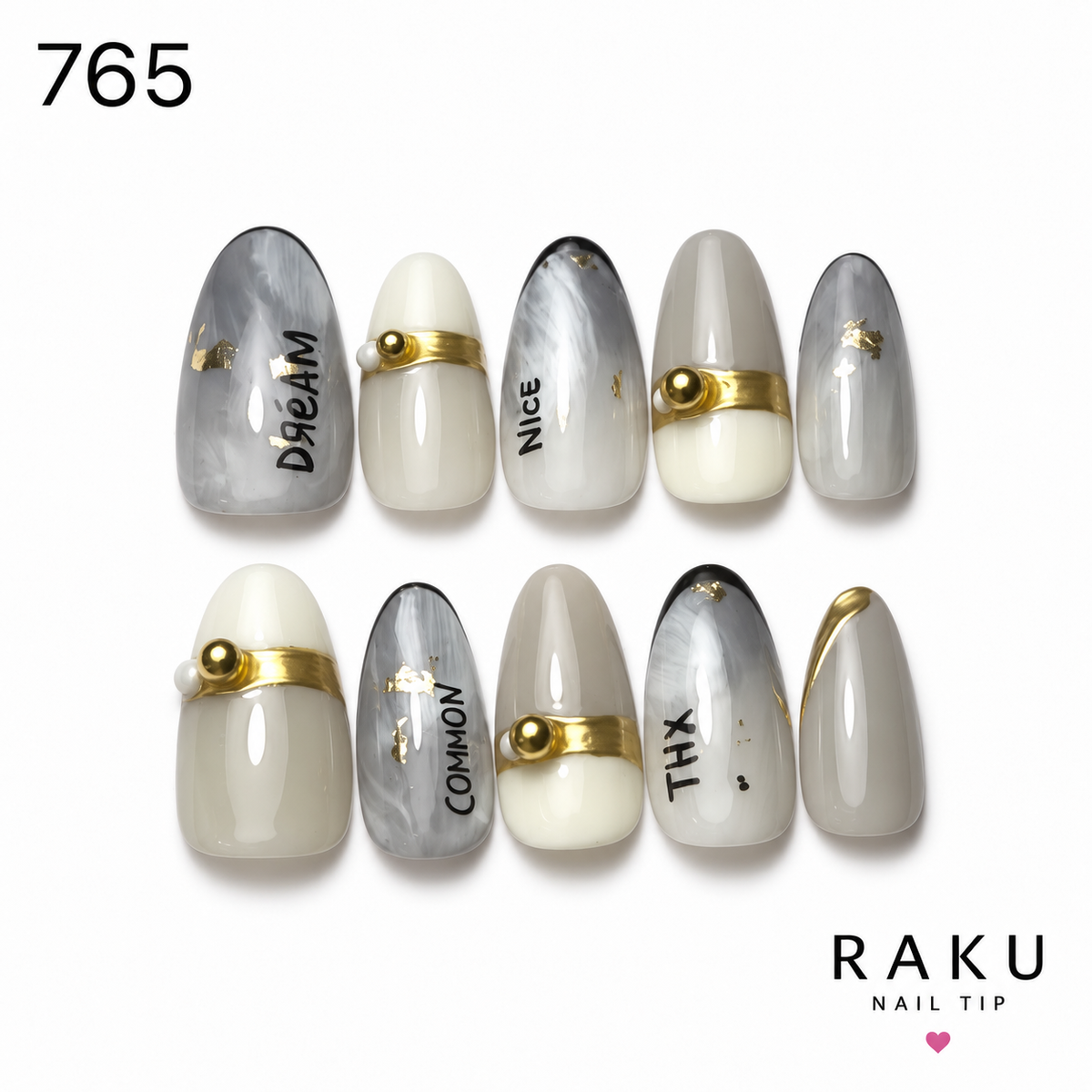 765 ネイルチップ グレージュ ホワイト ゴールド モード オーバル ミディアム RAKU