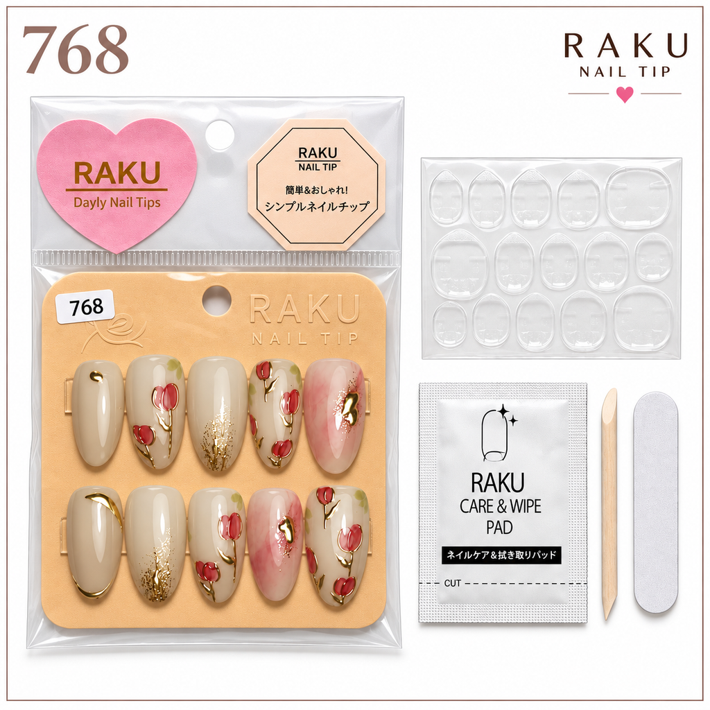 768 ネイルチップ ベージュ レッドフラワー ゴールド オーバル ミディアム 上品 RAKU